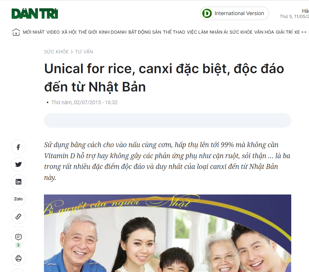 Báo Dân Trí nói về canxi cơm unical for rice