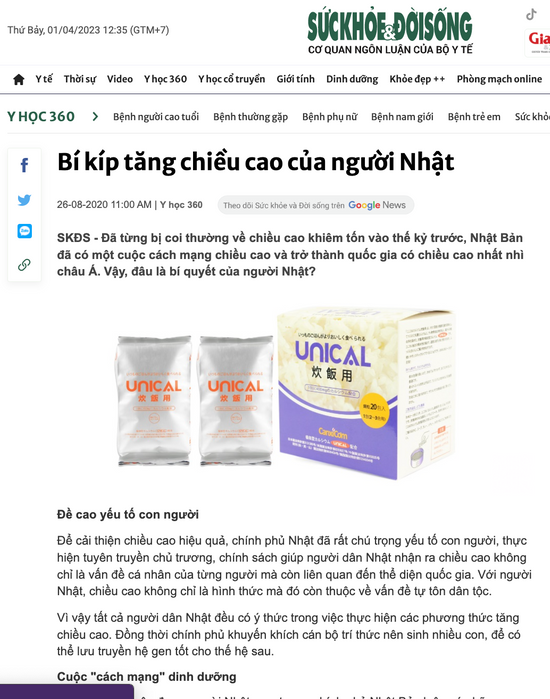 Báo sức khỏe đời sống nói về canxi cơm unical